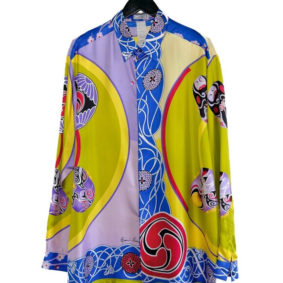 Gianni Versace Vintage Rare Yellow Japanese Mask Print Silk Shirt - Picture 1 of 13